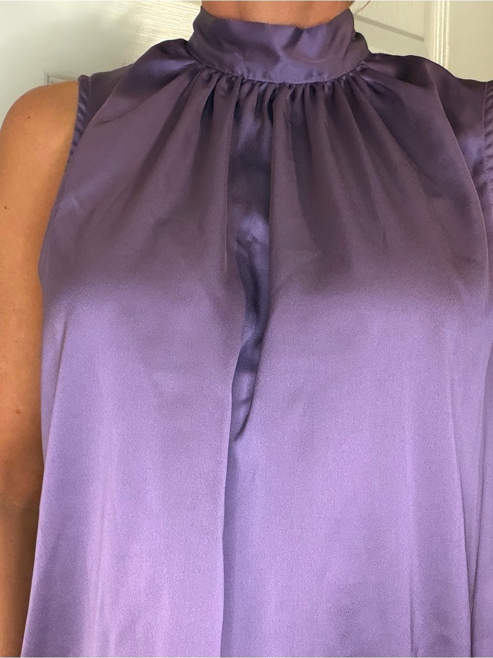 Sleeveless High-Neck Satin Shell Top in Purple with back ribbon tie